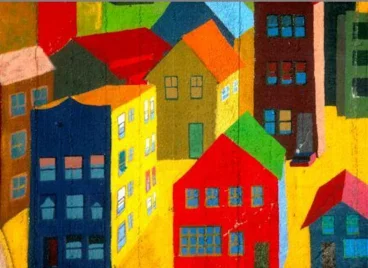 A mural of houses.