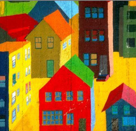 A mural of houses.