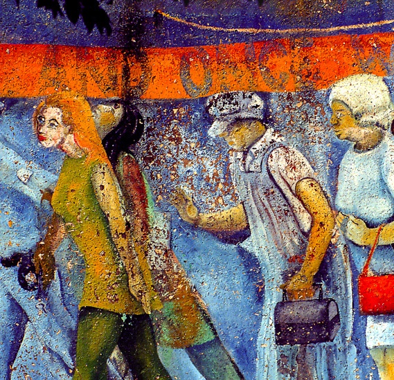A mural of people walking to work